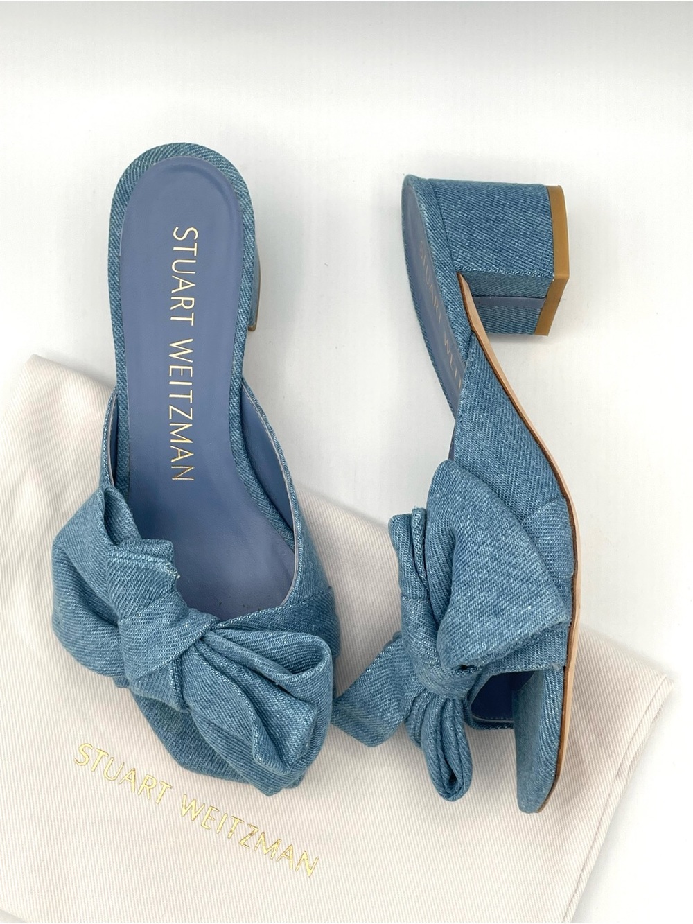 STUART WEITZMAN Love Knot Denim Wash Bow Slide Sandals 50 Block Heel Size 7